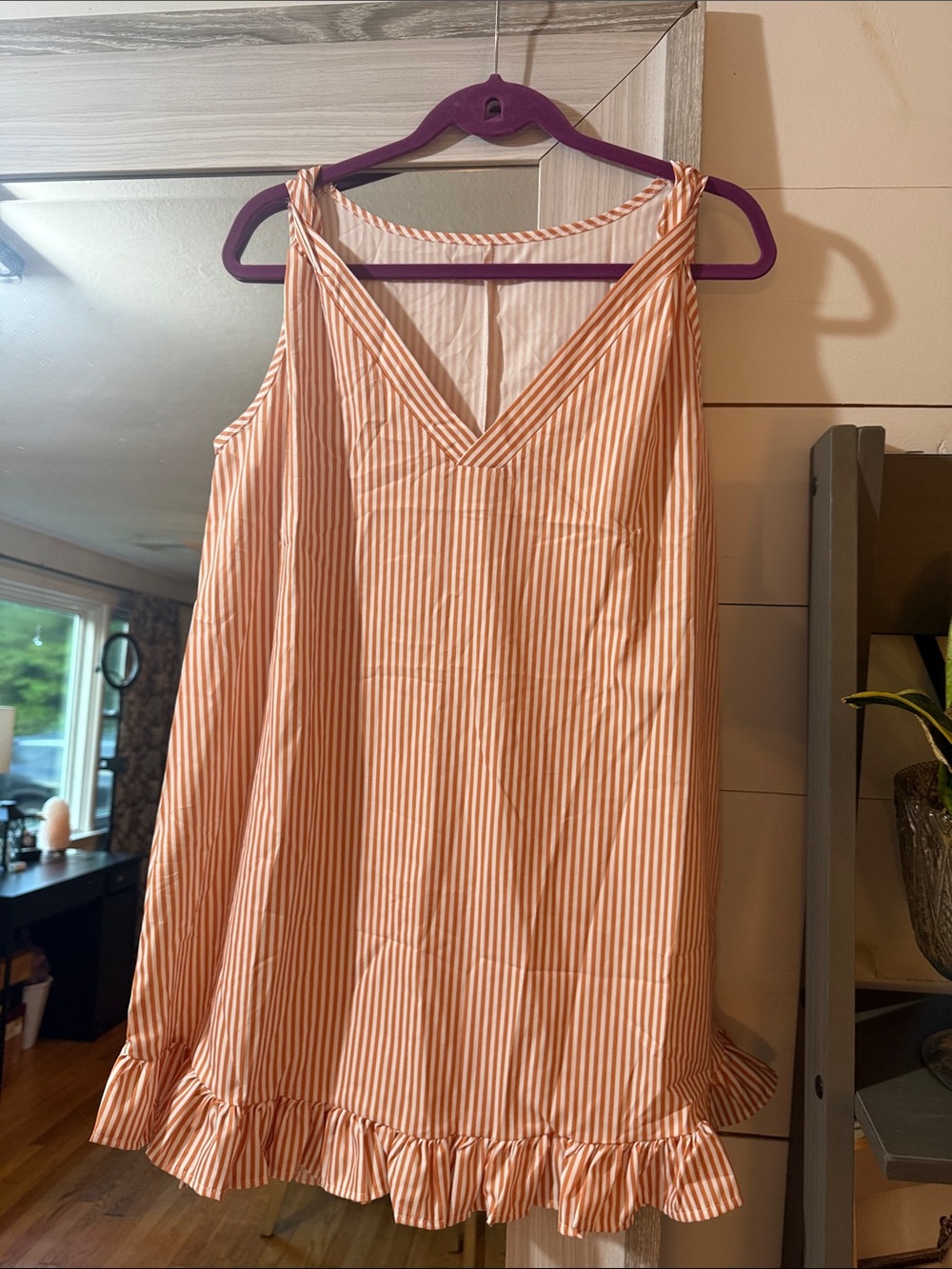 Striped Peach V-Neck Ruffle Hem Mini Dress